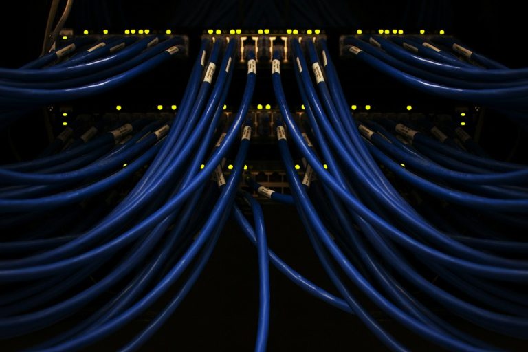 Blaue Netzwerkleitungen, die in einem Verteiler gereiht sind, leuchten gelb.