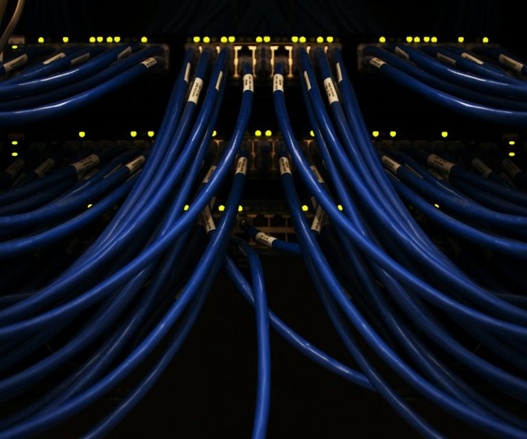 Blaue Netzwerkkabel, die an einem Verbindungspunkt in einem dunklen Raum angeschlossen sind.